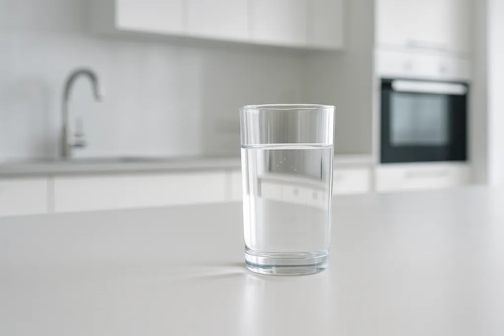 Vaso de agua pura en cocina moderna